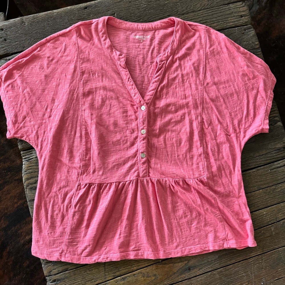Coldwater Creek Pink Short Sleeve Peplum Henley Top